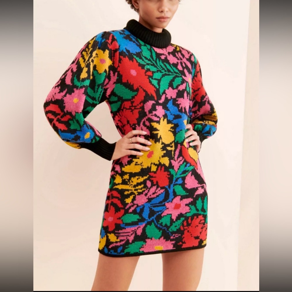 NEW FARM Rio Tropical Garden Sweater Dress Turtleneck Size M